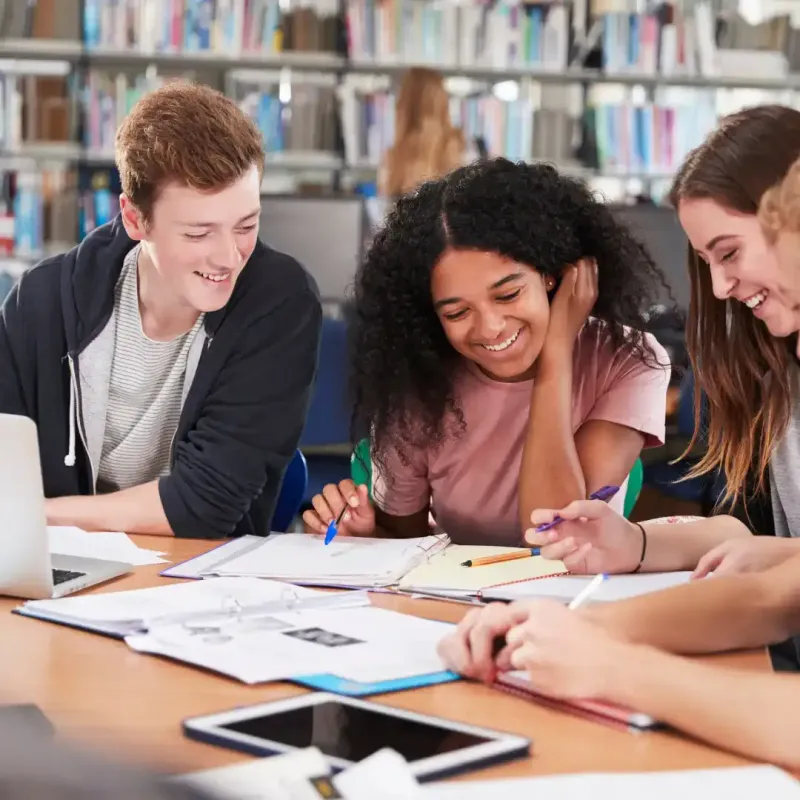Students collaborating in a library
